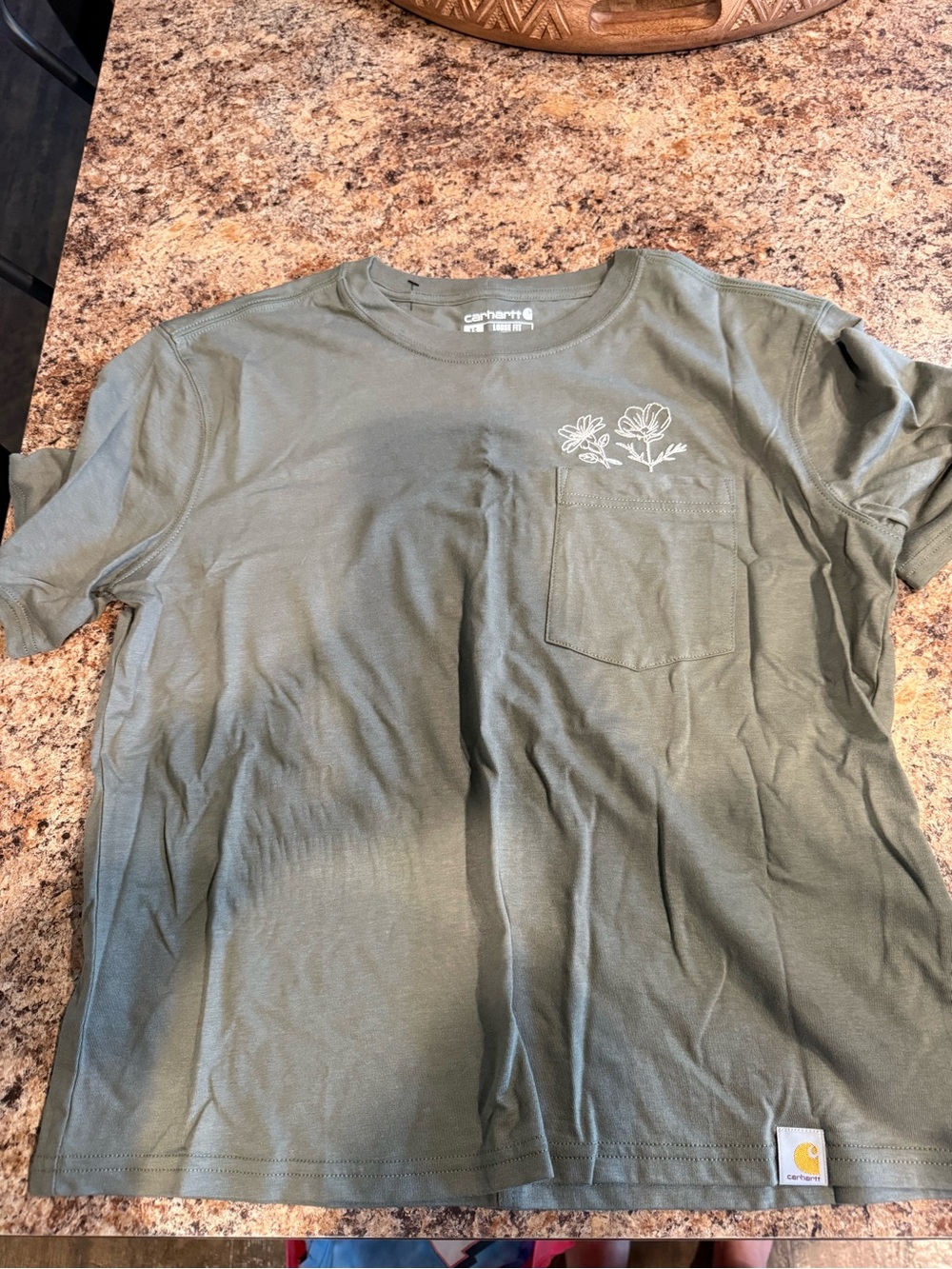 Carhartt women’s Olive Green Pocket T-Shirt with Floral Embroidery